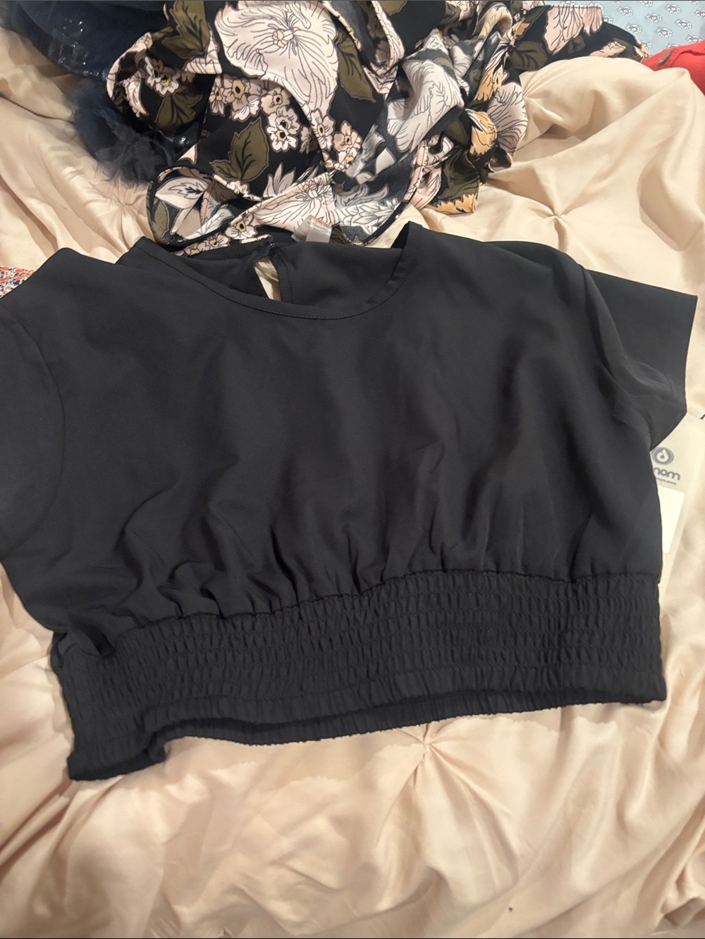 Mono B Black Smocked-Waist Crop Top